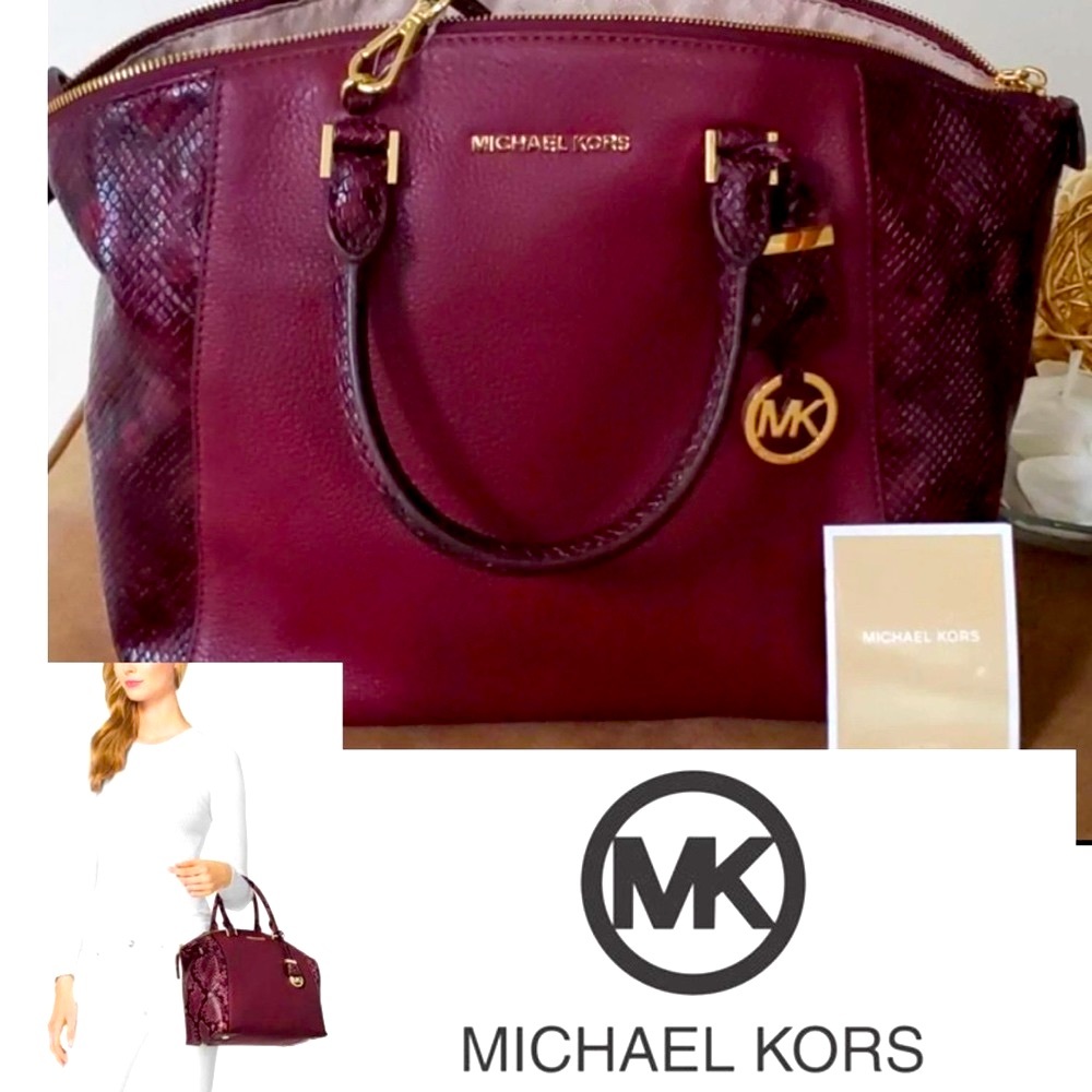 Michael Kors Riley Burgundy Python Snake Satchel - Picture 4 of 14